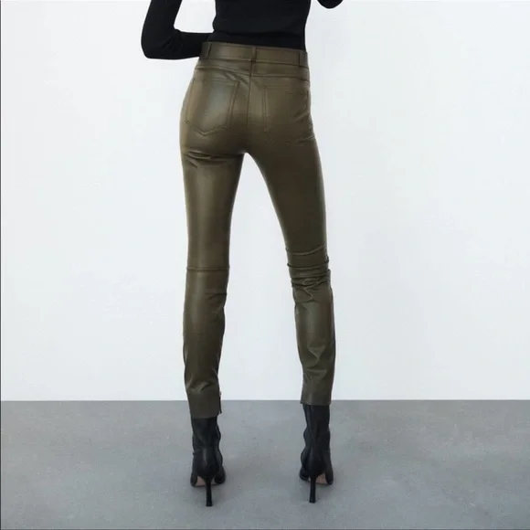 ZARA Faux Leather Dark Khaki Leggings - Picture 2 of 5